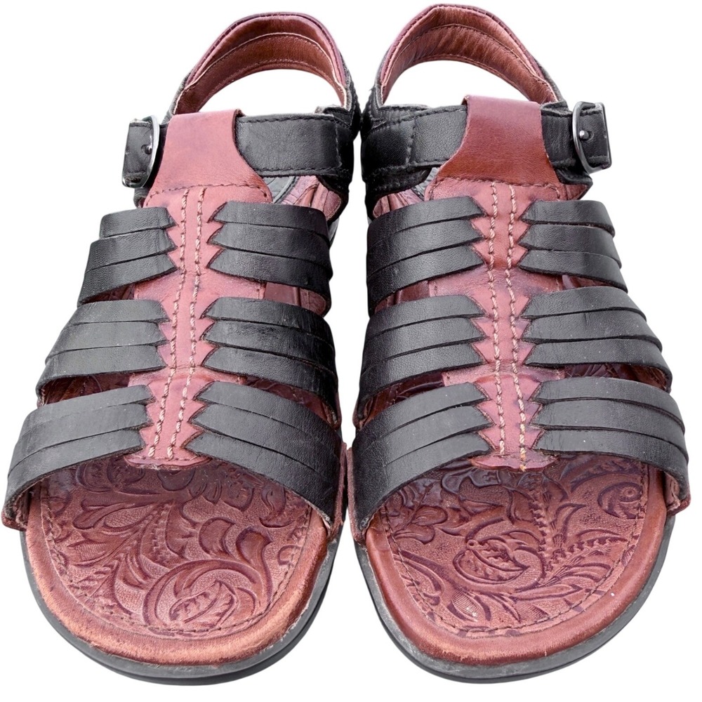 Ariat Sandal Black Red Brown 7.5 Leather Strappy Western Comfort Open Toe Tooled